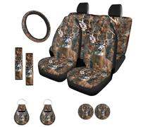 ZFRXIGN Camo Deer Car Seat Covers Full Set Front Back Split Bench Protector Car Steering Wheel Cover Seatbelts Pads Coaster Keychains Universal Fit Truck, SUV, or Van Forest Hunting Camouflage Brown
