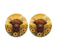 ZFRXIGN Sunflower Highland Cow Car Coasters 2 Pack Absorbent Car Cup Holder Coasters Protective Cup Pad for Women Vehicles Interior Accessories Western Cattle