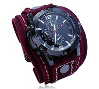 ZFSBRTL Men's leather Watch, Nordic vintage Engraving Quartz watch Viking Bracelet | 1St, Birthday Gift | Steampunk biker Jewelry,Red