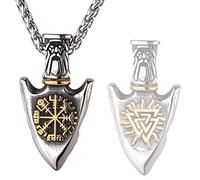 ZFSBRTL Mens Necklace Vegvisir Runes Compass Pendant, Nordic Myth Stainless Steel Odin Warrior Symbol Spearhead Pendant Viking Jewelry Amulet Punk Retro Gift 60Cm Chain,Gold