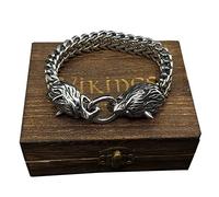ZFSBRTL Nordic Mythology Silver 3D Wolf Head Bracelet, Men's Stainless Steel Viking Odin Wolf Fenrir Skull Bracelet Vintage Amulet Jewelry Gifts with Wooden Box,23cm