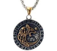 ZFSBRTL Viking Odin Wolf Fenrir Pendant Necklace, Men's Gold & Silver Stainless Steel Norse Mythology Amulet Vegvisir Rune Celtic Jewelry Gift 60Cm Chain,Gold