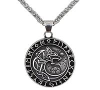 ZFSBRTL Viking Odin Wolf Fenrir Pendant Necklace, Men's Gold & Silver Stainless Steel Norse Mythology Amulet Vegvisir Rune Celtic Jewelry Gift 60Cm Chain,Silver