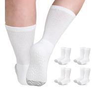 ZFSOCK Diabetic Socks for Men Non-slip: Soft Top Non Elastic Loose Fitting Seamless Socks Ladies Non-Binding with Grips Mid-Calf Cushioned Hospital Socks for Swollen Feet Legs White 6-8 4 Pairs