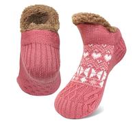ZFSOCK Fluffy Slipper Socks for Women: Cosy Sherpa Lined Non Slip Thermal Knitted Fuzzy Socks for Winter Indoor House Floor Lounge & Bed - Christmas for Wife, Red One Size