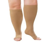 ZFSOCK Plus Size Compression Socks: Men Women Wide Calf Open Toe Graduated Medical Support Stockings Toeless Flight Pressure Socks for Varicose Vein Swollen Legs Pregnancy Nurses Travel Beige 6XL