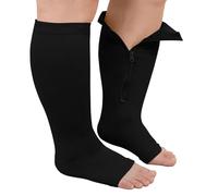 ZFSOCK Plus Size Compression Socks: Wide Calf Graduated Pressure Support Stockings Men Women Open Toe Toeless Zipper Extra Large Flight Socks for Swollen Legs Travel 1 Pair Black 6XL