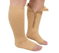 ZFSOCK Plus Size Compression Socks: Wide Calf Graduated Pressure Support Stockings Men Women Open Toe Toeless Zipper Extra Large Flight Socks for Swollen Legs Travel 1 Pair Beige 5XL