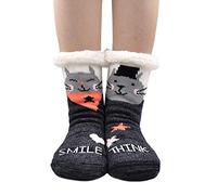 ZFSOCK Slipper Socks Ladies Slipper Socks with Grippper Fluffy Sherpa Lined Winter Socks Soft Thermal Bed Socks for Women Cute Cat 1 Pair 4-9