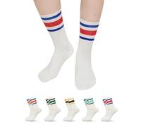ZFSOCK Soft Top Socks for Women: Cotton Crew Socks with Seamless Toe & Slightly Loose Fit Comfortable for Ladies & Girls at Work, School, or Home - UK Size 9-11, 5 Pairs White Striped