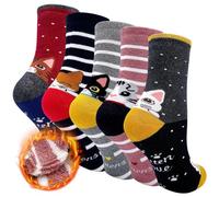 ZFSOCK Thermal Socks Women Size 4-7 Cotton Warm Extra Thick Socks Winter Terry Cushioned Sole Cute Funny Colourful Knitting Animal Pattern for Boots Ladies Ankle Socks 4-7 Cats-5 Pairs