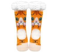 ZFSOCK Women Fluffy Slipper Socks: Warm Thermal Sherpa Lined Fleece Bed Socks with Cat Pattern Anti Slip House Socks for Winter Indoor Idea for Mum & Daughter, 1 Pair Beige