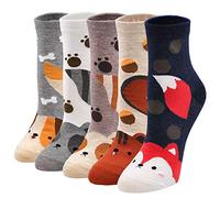 ZFSOCK Women Socks Cotton Novelty Animal Socks Funny Dog Cat Fox Squirrel Patterns colourful Fun Mini Crew Socks for Birthday Christmas Anniversary,5 Pairs,4-9,Animal With Tail
