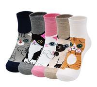 ZFSOCK Womens Cotton Animal Socks Novelty Cartoon Cat Socks Ladies Cute Pattern Mini Crew Socks Funny Christmas Socks for Girls Ladies 5 Pairs (Women shoes size UK 4-9, Kitten)