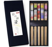 ZFYQ Chopsticks Set, 5 Pairs Japanese Style Natural Bamboo Chopsticks in Black Handmade Box, Non-Slip Chopstick for Household Restaurant