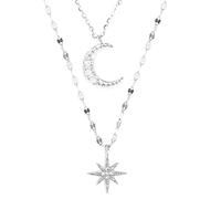 ZGBQHQN 925 Silver Double Layer Star Moon Shiny Clavicle Chain Necklace For Women Girl Cubic Zircon Necklace Silver