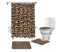 ZGDPBYF 4-Piece Leopard Print Shower Curtain Set with 180x180cm Curtain, 75x45cm Rectangle Mat, 45x37cm U Shape Mat, 12 C-shaped Hooks