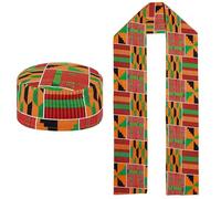 Zghhc 2 Pcs African Kente Print Stole Sash, Unisex African Kente Pattern Kufi Hat Shawl for Black African History Men Women Kid