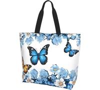 ZGHQHCDRH Blue Butterflies White Flowers Print Tote Bag Women Single Shoulder Leisure Bag Multi-Purpose Large Shopping Bag