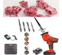 ZGHQHCDRH Led Bone Meat Cutter, Butcher Cutting Machine with Rechargeable Battery, 220V Electric Hand Saw Meat Cutter Kit with 5 Saw Blade,for Wood, Metal, Plastic, Bones(2 Battery)
