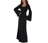 ZGMYC Women's Scoop Neck Lace Up Ribbed Maxi Dress Knit Flare Sleeve Bodycon Dress Loose Casual Long Dresses, Black, L
