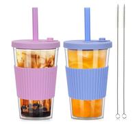 ZgoEC 2 Pack Bubble Tea Cup, 500ml/17oz Double Wall Plastic Tumbler Cups with Lids and Straws, Leakproof Iced Coffee Cup Smoothie Cup, Bubble Tea Cup and Straw, Insulated Tumbler Cups for Drinks