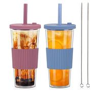 ZgoEC 2 Pack Reusable Bubble Tea Cup with Lids and Straw, 730ml/24oz Clear Iced Coffee Tumbler, Leakproof Smoothie Tumbler Plastic Drinking Cups, Double Wall Bubble Tea Cup with Wide Straw for Drinks