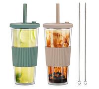 ZgoEC 2 Pack Reusable Bubble Tea Cup with Straw, 730ml/24oz Clear Smoothie Tumbler with Lids and Straws, Leakproof Clear Plastic Cups Iced Coffee Cup, Double Wall Tumbler Bubble Tea Cup for Drinks