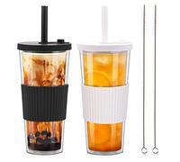 ZgoEC 2 Pack Reusable Bubble Tea Cups, 730ml/24oz Clear Tumbler with Straw and Lid, Leakproof Plastic Cups Iced Coffee Mug, Double Wall Insulated Smoothie Tumbler, Wide Straw, BPA Free