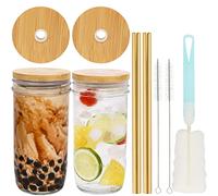 ZgoEC 24oz Reusable Glass Cups Tumbler with Lids and Straws, 2 Pack Bubble Tea Cups Drinking Glasses, Wide Mouth Mason Jar Iced Coffee Mug for Smoothie, Juice, Soda, Gift for Friends