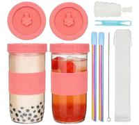ZgoEC 2pcs Reusable Bubble Tea Glass Cups, 24oz Glass with Lids and Straws