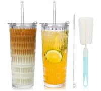 ZgoEC 520ml Glass Cups Tumbler with Straw and Lid: 2 Pack Reusable Iced Coffee Glass for Drinks, Modern Diamont Glasses Drinking Jars for Coffee, Smoothie, Juice, Dishwasher Safe, Great Gift