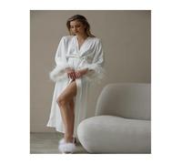 ZGXNYI Bride Robe With Feather Sleeves Long White Satin Silk Robe For Wedding Day Morning Outfits Feathers Dressing Gown