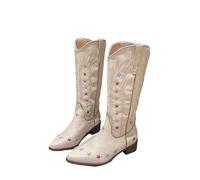 ZGXNYI Retro Star Embroidered Knight Boots Womens Pointed Western Cowboy Cowgirl Shoes Thick Mid Heel Knee-high Splicing Boot(36)