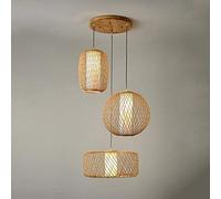 ZH1YFD Antique Bamboo Chandelier, Three Heads Hand Woven Rattan Wicker Lantern Pendant Lamp Rustic Natural Rattan Shade Hanging Light Creative E27 Illumination for Bedroom Teahouse Dining Room Kitchen