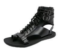 ZH8FCHAN Gladiator Sandals Roman Soldier Men Sandals Casual Non-slip Breathable Lace Up Buckle Top Beach Shoes (Black,9)