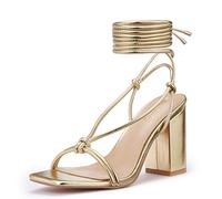 Zhabtuc Womens Lace Up Block High Heel Sandals Ladies Strappy Square Toe Party Ankle Strap Caged Shoes Gold 8.5UK