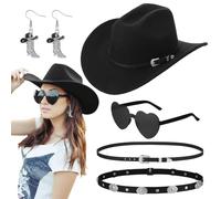Zhamate 5 Pcs Western Cowboy Hat Set with Two Decorative Bands Earrings Heart-Shaped Sunglasses for Men Women Halloween Cosplay Party Black