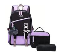 ZHANAO School Backpack for Girls Color-block School Bag with Lunch Box Pencil Case Set 3PCS Girls Backpack for School Kids Bookbag with USB Charging Port, A68+Black+Purple, L