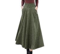ZHANCHTONG Women's High Waist Plaid Wool Maxi Skirt Thickened A-Line Long Flared Skirt, Army Green Plaid, XL