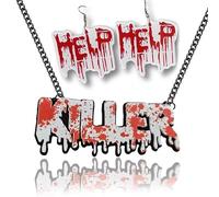 Zhang shine Halloween Jewelry Set Acrylic Horror Red Dripping Blood Letter Necklace Bleeding Help Blood Earrings Hip Hop Halloween Theme Party Vampire Jewelry for Men Women