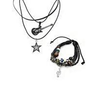 Zhang shine Y2k Fairy Grunge Bohemian Bracelets Necklace Set Boho Fairycore Accessories Star Rock Roll Music Guitar Punk Multilayer Leather Beaded Bracelets Jewelry for Women, One Size, alloy leather