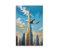 ZHANGJIENAN Dubai Skyline with Airplane Impasto Painting Wall Art, Vibrant Travel Decor for Living Room And Guest Bedroom Artistic Wall Mural Modern Hanging Decor Poster12x18inch(30x45cm)