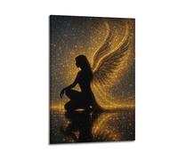 ZHANGJIENAN Silhouette Of Angel With Golden Wings In Starry Scene Wall Art, Dreamy Decor For Home And Meditation Space Artistic Wall Mural Modern Hanging Decor Poster24x36inch(60x90cm)