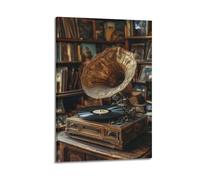 ZHANGJIENAN Vintage Gramophone In Library Wall Art, Classic Retro Music Decor For Home And Living Room Artistic Wall Mural Modern Hanging Decor Poster08x12inch(20x30cm)