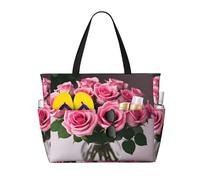 ZhanGM Large Capacity Pink Roses Print Beach Travel Tote Bag - Lightweight, Ideal for Family Vacations, Cruises, and Camping