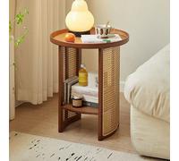 ZHANGshouf Farmhouse Rattan Sofa Side Table,Modern Coffee Table Creative Bedside Table,Two-Layer Round Chinese Side Table for Living Room, Bedroom,A,45 * 45 * 56cm