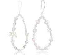 ZhangyiHot 2Pcs White and Purple Bow Beaded Phone Bracelet Strap, Crystal Butterfly Flower Pearl Phone Beaded Wrist Strap Bracelet Lanyard For Women Keychain Charm Fashion design Décor