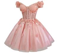 Zhangyo Sparkly Tulle Homecoming Dresses for Teens Off Shoulder DAMA Dresses for Quinceanera 3D Flowers Short Ball Gown, Blush Pink, 4