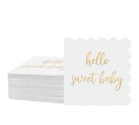 Zhanmai 100 Pcs Scalloped Baby Shower Napkins Hello Sweet Decorations Paper White and Gold Disposable Luncheon Cocktail Napkins Folded 5 x 5 Inch for Baby Shower Party Decor